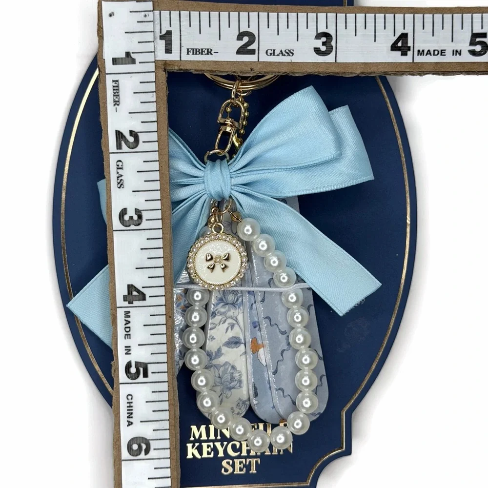 Blue Bow Faux Pearl Bag Charm and Mini File Keychain Set